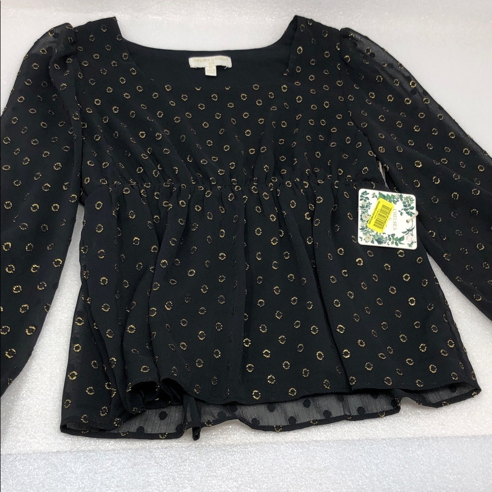 NEW Chelsea & Violet Top Black Gold Babydoll Sheer Sleeve Blouse Girls M 10/12